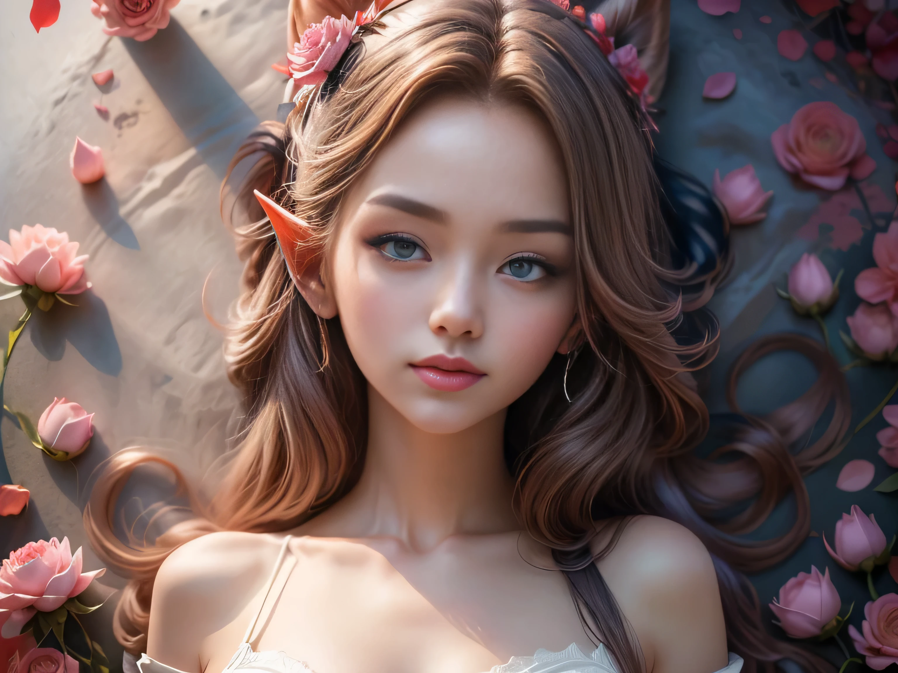 This is a full size figure of a beautiful dark elf girl lying in the middle of a red rose garden surrounded by rose petals flying in the wind, high quality anime art illustration, high quality realistic anime art, seductive facial expression, beautiful dark elf girl with blue eyes, lace guipure in clothes, 8k character details, high quality anime art, melodic aura around women, high quality illustration, detailed anime wallpapers, detailed anime art