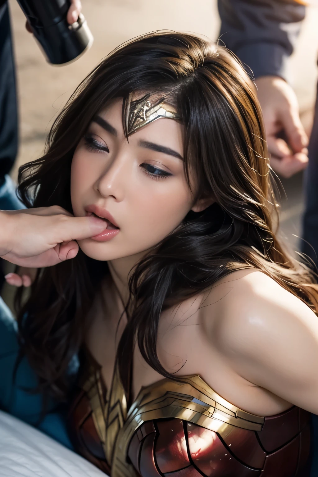 私はWonder Womanです、完璧なWonder Womanの衣装,Men lick my face with their tongues,The guys lick my head with their tongues,Men lick my hair with their tongues,My body is licked by men,sleeping face, Close ~ eyes,Open your mouth,Tired face,Face of Suffering,sleeping face,Fight with the men,Surrounded by men,,caught between men,Being held back by men,Entanglement with males, Attacked by men,Brown Hair,  masterpiece、beautiful girl、fine 目、puffy eyes、highest quality, 超High resolution, (reality: 1.4), Cinema Lighting,so beautiful、Beautiful Skin、(超reality的な)、(High resolution)、(8k)、(Very detailed)、(beautiful and fine 目)、(Very detailed)、 Detailed face、slanted bangeshi hair、Brown Hair、20-year-old、Wonder Womanのコスプレ，Wonder Woman