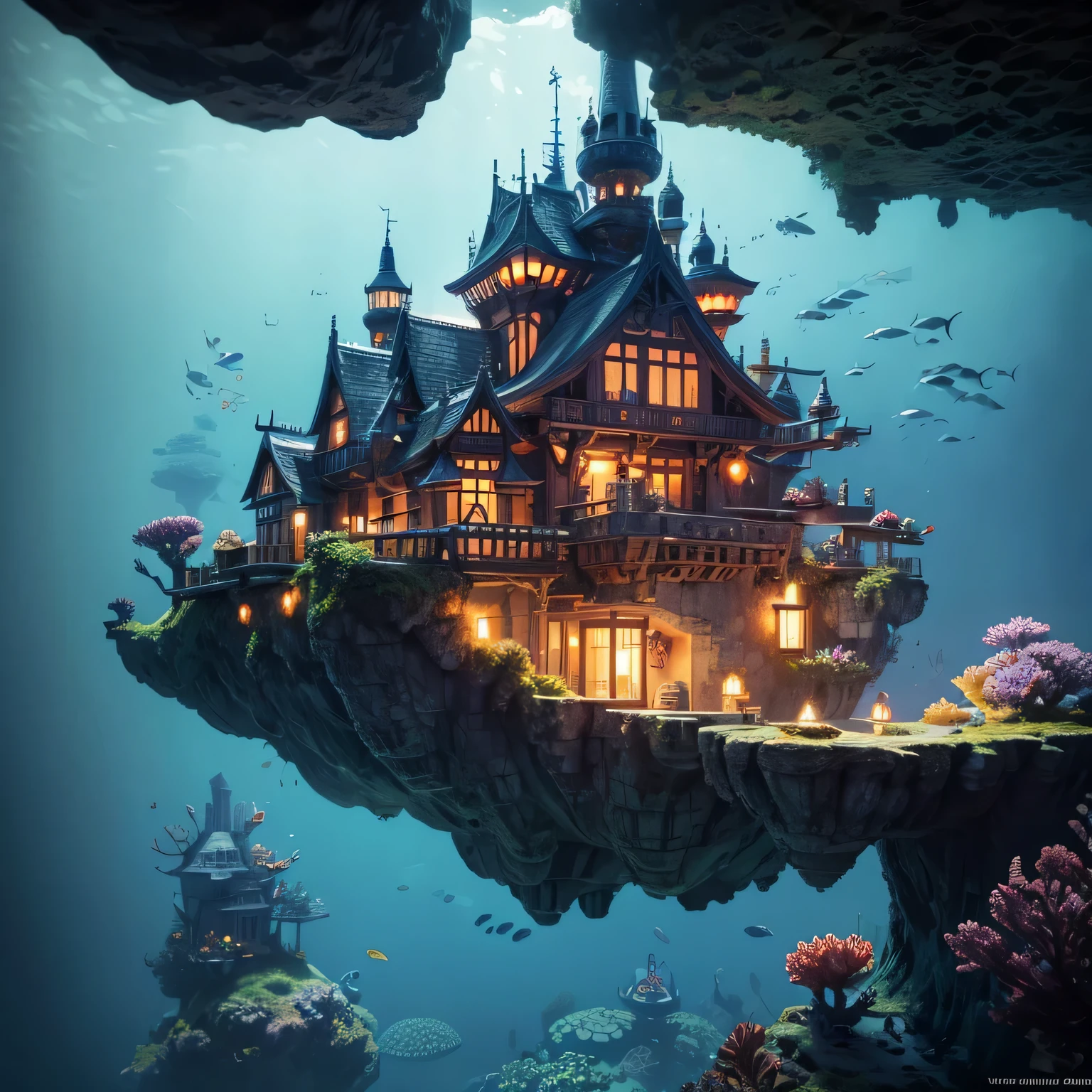 Color (Fantasy: 1.2), (Hayao Miyazaki style), (irregular building floating under the sea), patchwork cottages, Moss decorations, coral, lights, concept art inspired by Andreas Rocha, Artstation contest winner, Fantasy art, (underwater city), ross tran, light shafts, realistic lighting, masterpiece, high quality, beautiful graphics, high detail, masterpiece, high quality, beautiful graphics, high detail, --v6