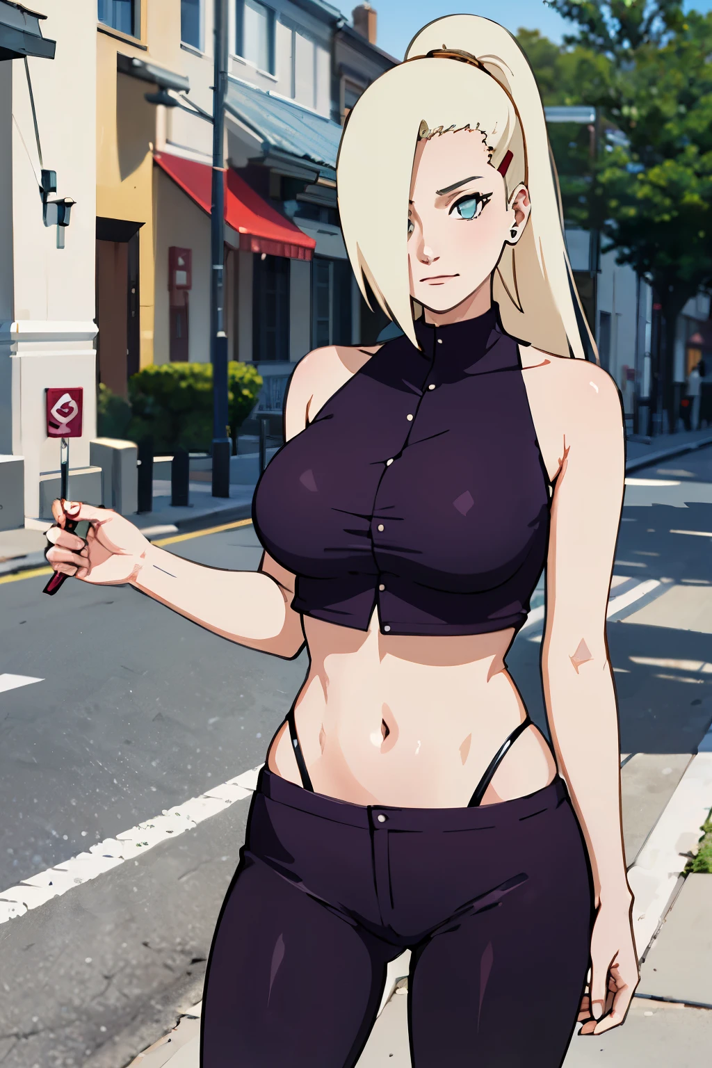 ((Best quality)), ((masterpiece)), (detailed), perfect face, yamanaka ino, black tight leggings, black short top, to the streets