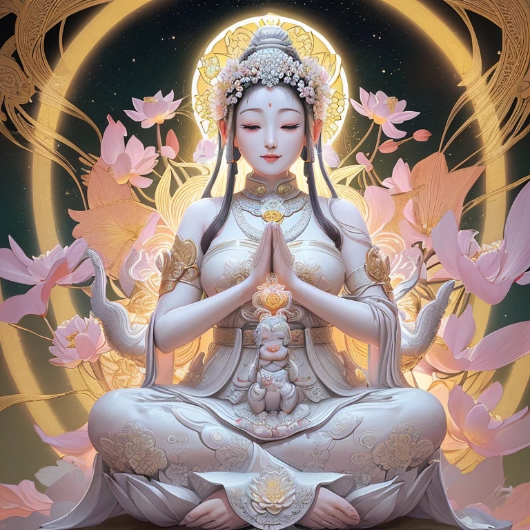 God in Fantasy artwork of Great Buddha in Japan, depicted with intricate Thousand-Armed Kannon. This illustration boasts a 4k high resolution, showcasing every detail in this masterpiece. The image is filled with volumetric lighting, creating a divine and serene atmosphere. The Great Buddha's face is beautifully detailed, with deeply set, radiant eyes and a peaceful smile. His body, adorned with intricate phoenix patterns and lotus flowers, exudes divine energy. Each arm of Kannon is finely detailed, extending to embrace and protect, with delicate lotus flowers delicately nestled in each hand. The lotus flower in the background, a symbol