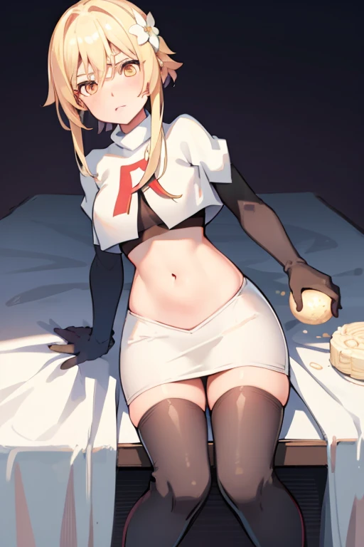 lumine \(genshin impact\), 1girl,flower,Blond hair,cute,hot,blushed,golden eyes,perfect eyes,expressive eyes, team rocket,team rocket uniform,white skirt,red letter R,crop top,black thigh-highs,black elbow gloves