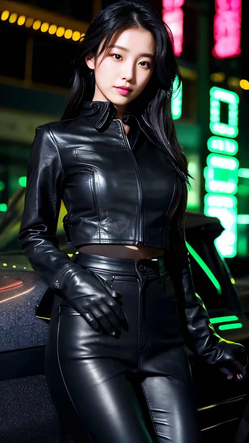 black leather rider jacket, Office in the Dark, Black leather gloved fingertips on both hands,Wearing black leather gloves,Sitting in a black leather chair、 Japanese female new recruits (Black leather gloves cover both hands) (The angle is horizontal)、Black Leather Pants,Black Leather Black Leather Pants,Black Leather Skinny Pants、Long black leather boots on both feet、Black hair ponytail ((He wears black leather gloves on his hands))Full Body Photo,full body shot full body full body leather suit,☺If you turn in this direction。Wearing black leather gloves,Wearing black leather gloves,Wearing black leather gloves,Wearing black leather gloves,Wearing black leather gloves,Wearing black leather gloves,黒のレザーパンツが美しい😍黒のレザーパンツが美しい😍黒のレザーパンツが美しい,😍Smiling while looking at me,City lights、((Neon Cyberpunk City Street:1.3))、(Neon Light)、Detailed lighting、
Best image quality、Ultra-high resolution、(realism:1.4)、Korean Beauty Star、The most beautiful KPOP stars、face、Horny Korean Makeup、A body that makes you want to touch it、Realistic leather texture、Costume made of smooth leather fabric、The drape of the curved parts of the leather fabric、The costume is very shiny、Quality of the costume、8K Photo Quality