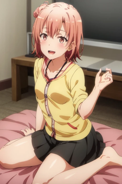 ((highest quality)), ((masterpiece)), (be familiar with), Perfect Face, indoor, Bedroom, Watching the audience,
One woman, Yuigahama Yui,
Open Mouth, Ecstatic expression, blush, smile,
Small breasts, Flat Chest, Young Girl, , , Girl,
Short Hair, Salmon-colored hair, Salmon-colored eyes, Side Pony,
Leg spread,