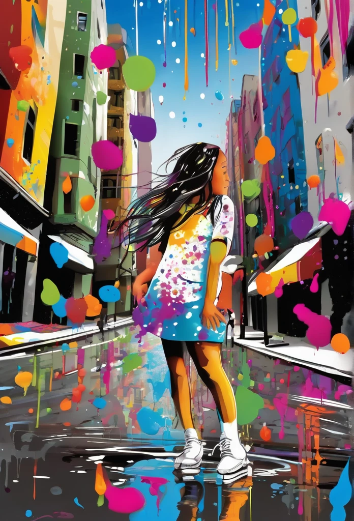 It generates a black and white caricature of a city where a girl is in the middle of the street and a few drops of paint of different colors fall from the sky, which splashes on her and falls on the street, the girl is with her arms extended looking towards the sky while smiling and the drops of paint fall on him, a masterpiece, highlights the vivid colors of the paint falling from the sky in drops