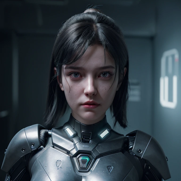An android with a broken heart, surrounded by a mysterious fog with the camera focused on her face, with cinematic light, motor irreal 5, detalla extremadamente su piel, ella tiene aretes en cada oreja, en su piel tiene detalles de circuitos, cabello corto, solo su cara tiene detalles del circuito, con ropa retrofuturista, En el fondo se puede ver un paisaje futurista borroso.
