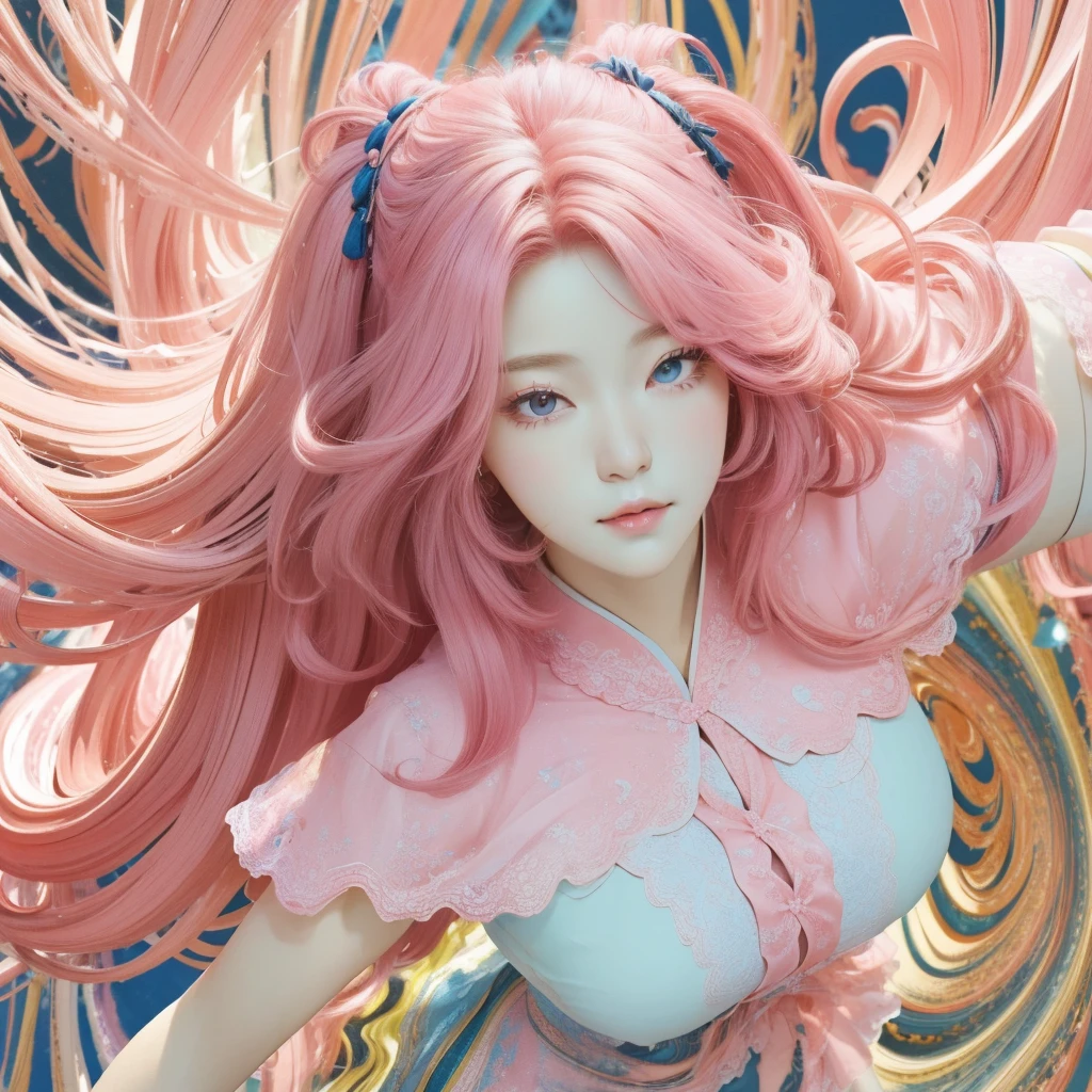 ((masterpiece:1.2, best quality)), Ultra Detailed, Ultra-precise depiction, Ultra Detailed的描绘, (Tangled:1.2), (Dynamic poses), (Abstract Background:1.5), Long wavy hair, Pink Hair, 1 Lace Girl, Pink transparent lace colorful, portrait, (from above:1.2)