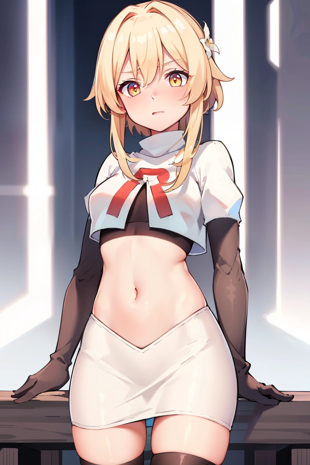 lumine \(genshin impact\), 1girl,flower,Blond hair,cute,hot,blushed,golden eyes,perfect eyes,expressive eyes, team rocket,team rocket uniform,white skirt,red letter R,crop top,black thigh-highs,black elbow gloves