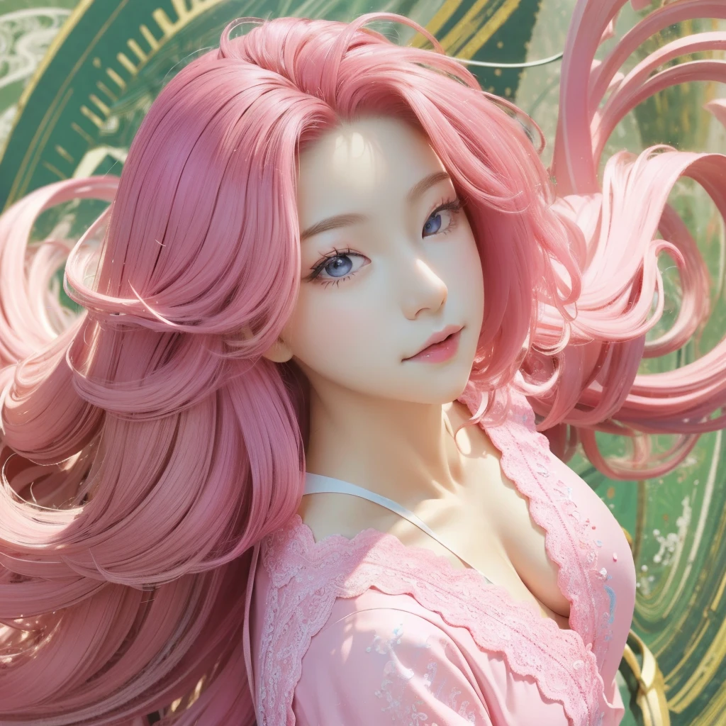 ((masterpiece:1.2, best quality)), Ultra Detailed, Ultra-precise depiction, Ultra Detailed的描绘, (Tangled:1.2), (Dynamic poses), (Abstract Background:1.5), Long wavy hair, Pink Hair, 1 Lace Girl, Pink transparent lace colorful, portrait, (from above:1.2)