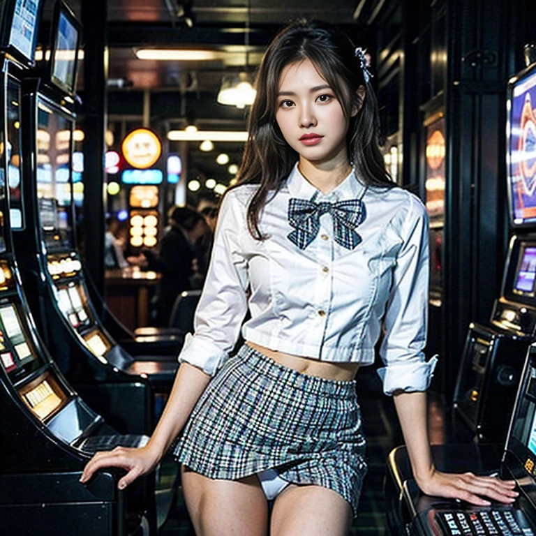 Young beautiful woman、(Shot from the bottom of the rear)、(Peeking into a miniskirt)、(Exposing the finest white panties:1.5)、(White Shirt、A bow tie、Tartan check mini skirt:1.4)、Casino Clerk、In an aisle lined with slot machines