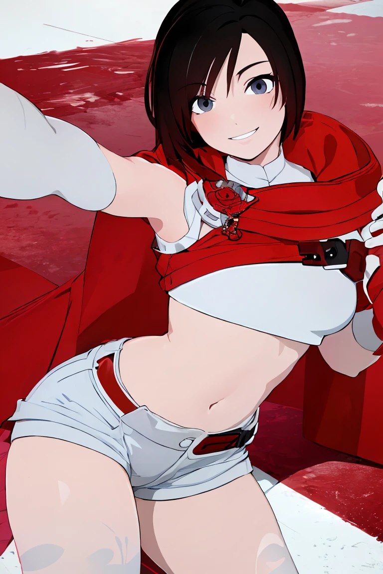 ((masterpiece,best quality)),  absurdres,
denim shorts, white crop top,
Ruby_RWBY,
solo, smiling, looking at viewer, cowboy shot,