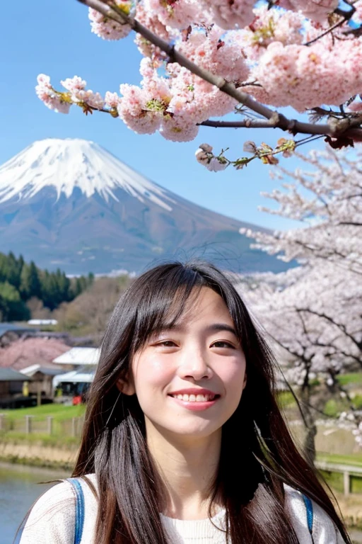 Happy expression girl with cherry blossom tree and Mt. Fuji background