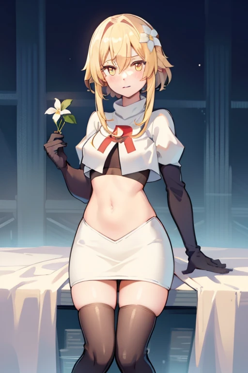 lumine \(genshin impact\), 1girl,flower,Blond hair,cute,hot,blushed,golden eyes,perfect eyes,expressive eyes, team rocket,team rocket uniform,white skirt,red letter R,crop top,black thigh-highs,black elbow gloves
