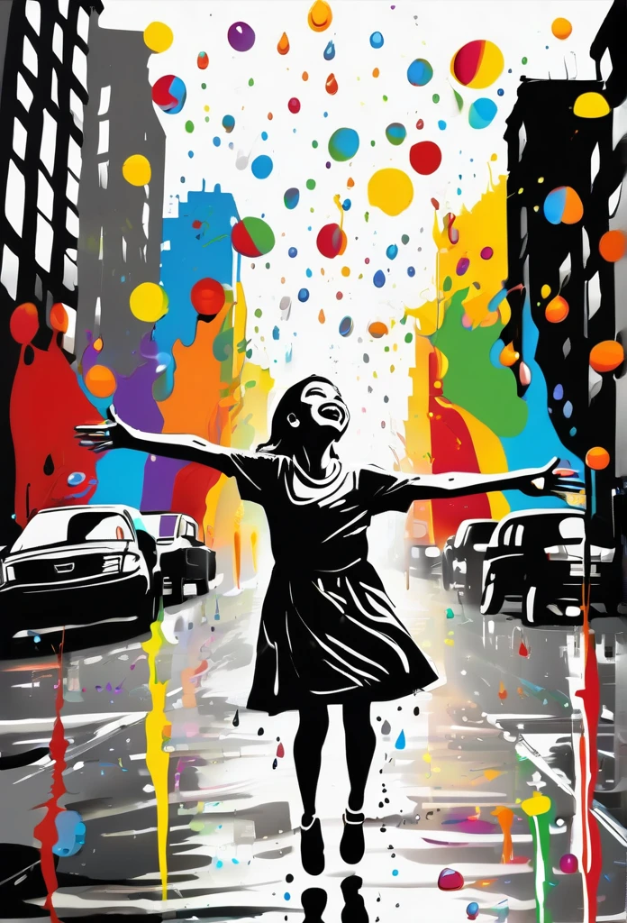 It generates a black and white caricature of a city where a girl is in the middle of the street and a few drops of paint of different colors fall from the sky, which splashes on her and falls on the street, the girl is with her arms extended looking towards the sky while smiling and the drops of paint fall on him, a masterpiece, highlights the vivid colors of the paint falling from the sky in drops
