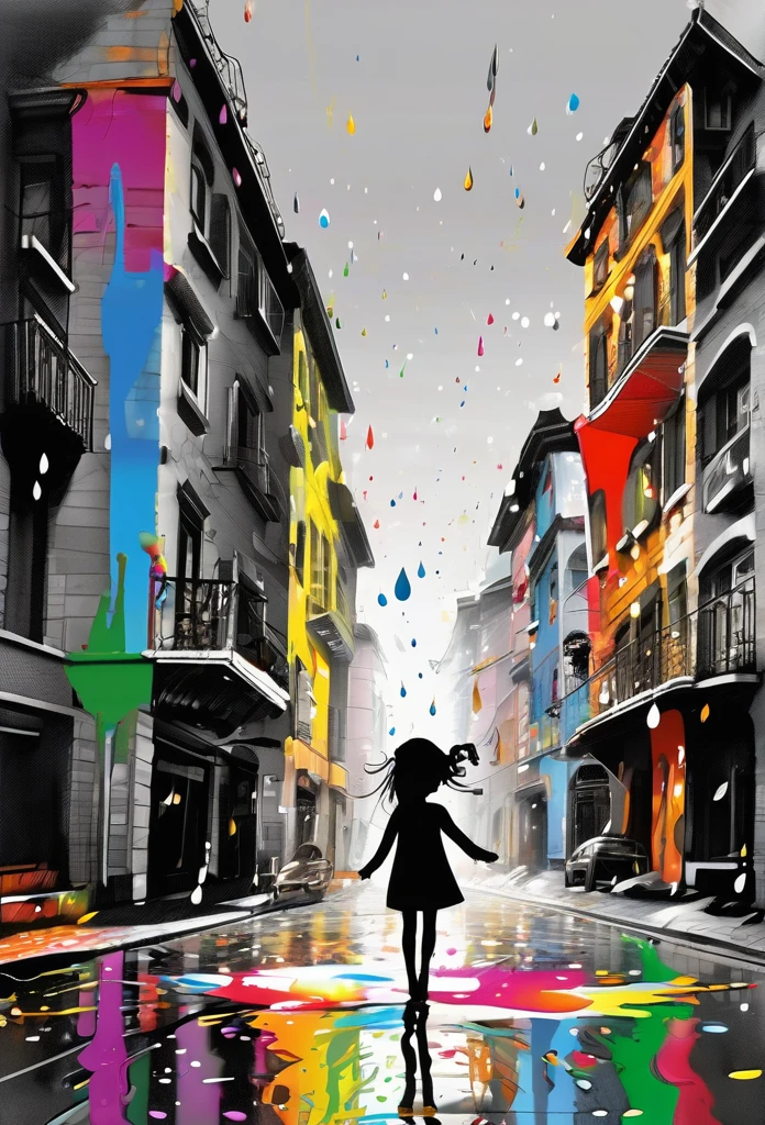 It generates a black and white caricature of a city where a girl is in the middle of the street and a few drops of paint of different colors fall from the sky, which splashes on her and falls on the street, the girl is with her arms extended looking towards the sky while smiling and the drops of paint fall on him, a masterpiece, highlights the vivid colors of the paint falling from the sky in drops