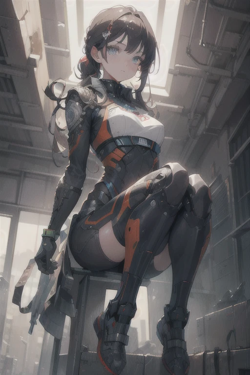 brown hair to shoulders, big breast, furutistic torn black revealing clothes with red details, villain, female sitting pose, pic above from knees, with futuristic city background in the sunset