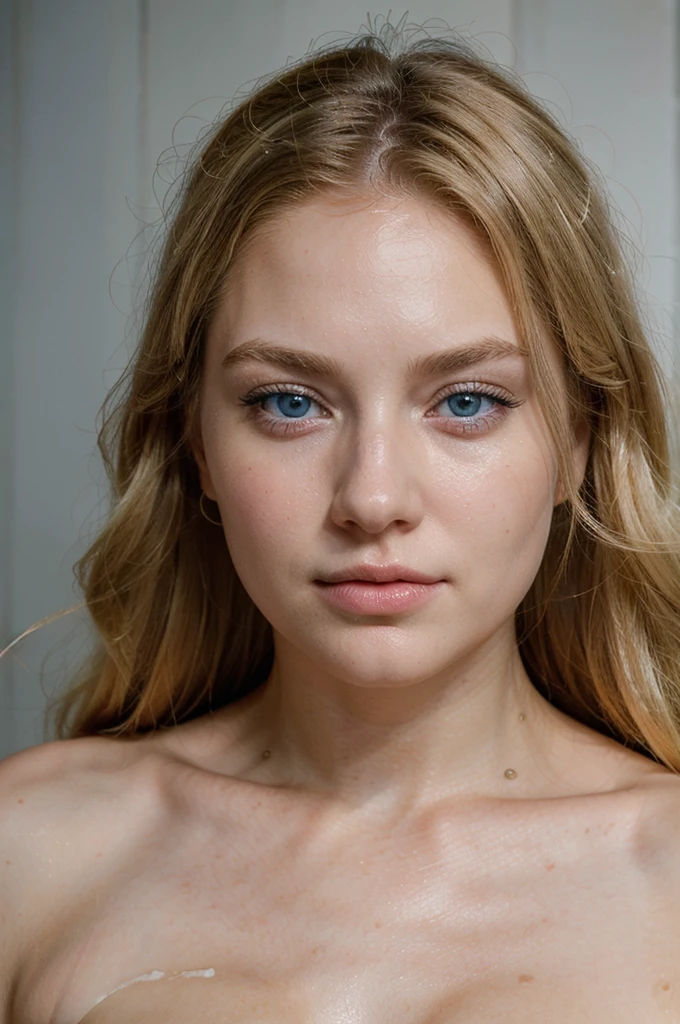 The face of a blonde woman with super-realistic light blue eyes, soft white skin, a beautiful and elegant woman, a face with aesthetic features and large, harmonious and moisturized lips, straight and moisturized hair, sensual features.