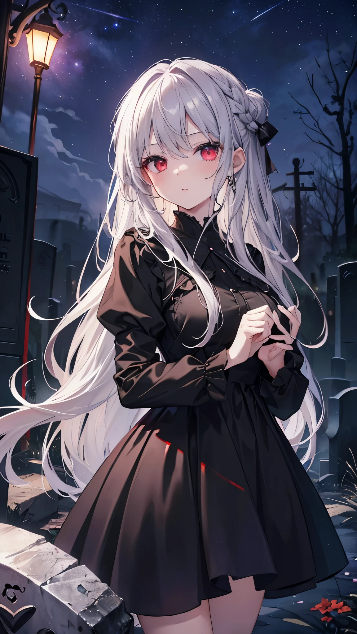(8K、Highest quality、highest quality、masterpiece)、Detailed face、One girl、Gray Hair、Long Hair、Red eyes、((tearoderate breasts、((Black Dress))、Cowboy Shot、((night))、Graveyard background