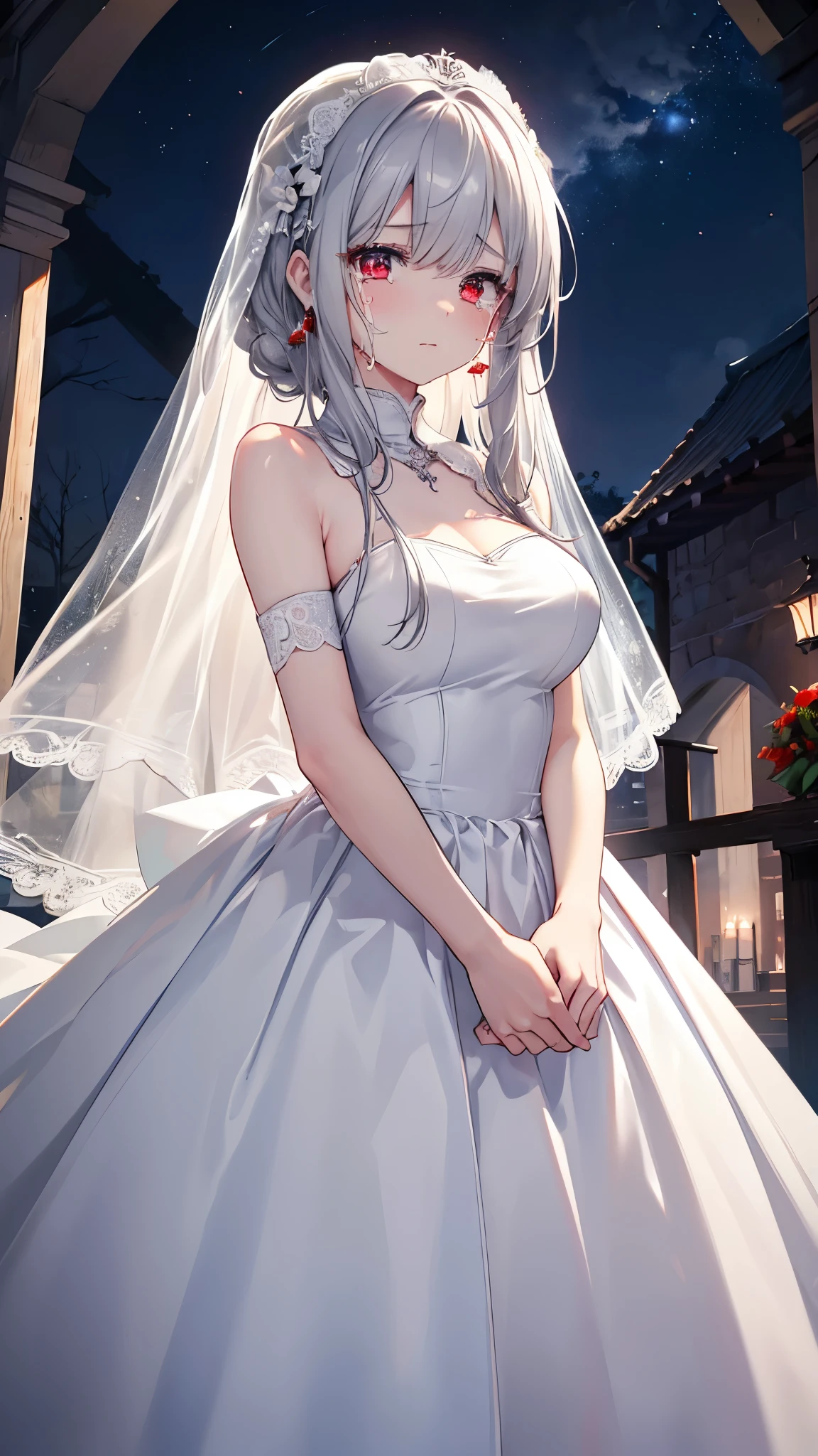 (8K、Highest quality、highest quality、masterpiece)、Detailed face、One girl、Gray Hair、Long Hair、Red eyes、((Are crying))、Moderate breasts、((White wedding dress))、Cowboy Shot、((night))、Graveyard background