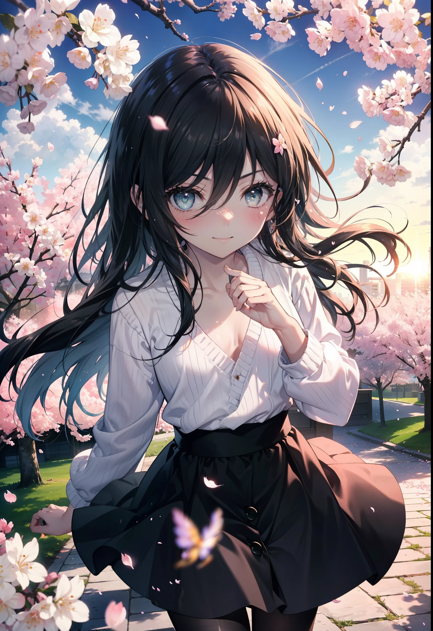 Shana,灼眼のShana,Long Hair,Black Hair, (black eye:1.5) (Flat Chest:1.2),smile,blush,Tokkuri Sweater,Long skirt,Black pantyhose,Mini Boots,Cherry blossom tree-lined path,Cherry blossoms are blooming,Cherry blossoms are scattered,morning,morning陽,The sun is rising,Looking down from above,
break looking at viewer, (Cowboy Shot:1. 5)
break outdoors, garden,
break (masterpiece:1.2), highest quality, High resolution, unity 8k wallpaper, (figure:0.8), (Detailed and beautiful eyes:1.6), Highly detailed face, Perfect lighting, Extremely detailed CG, (Perfect hands, Perfect ???????),