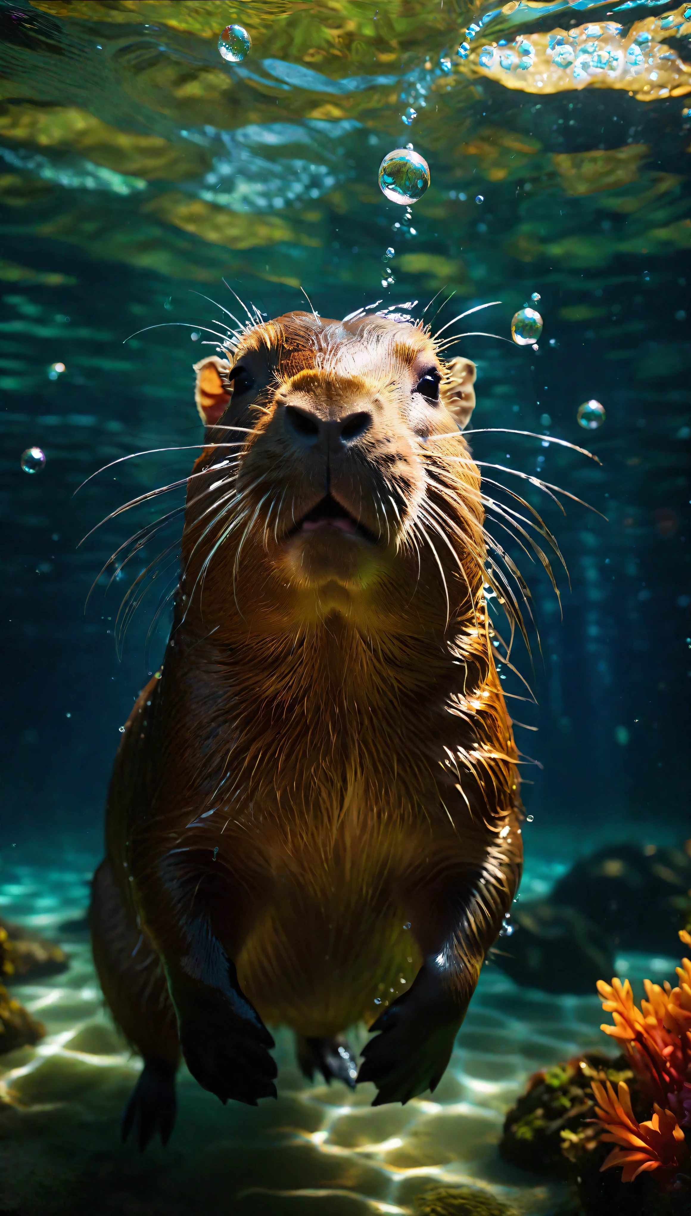 ((Masterpiece in maximum 16K resolution):1.6),((soft_color_photograpy:)1.5), ((Ultra-Detailed):1.4),((Movie-like still images and dynamic angles):1.3). | (Macro shot cinematic photo of exotic Capybara underwater), (a Capybara swimming underwater), (water bubbles), (macro lens), (exotic animal), (cute), (delightful atmosphere), (aesthetic photography style), (visual experience),(Realism), (Realistic),award-winning graphics, dark shot, film grain, extremely detailed, Digital Art, rtx, Unreal Engine, scene concept anti glare effect, All captured with sharp focus. | Rendered in ultra-high definition with UHD and retina quality, this masterpiece ensures anatomical correctness and textured skin with super detail. With a focus on high quality and accuracy, this award-winning portrayal captures every nuance in stunning 16k resolution, immersing viewers in its lifelike depiction. | ((perfect_composition, perfect_design, perfect_layout, perfect_detail, ultra_detailed)), ((enhance_all, fix_everything)), More Detail, Enhance.