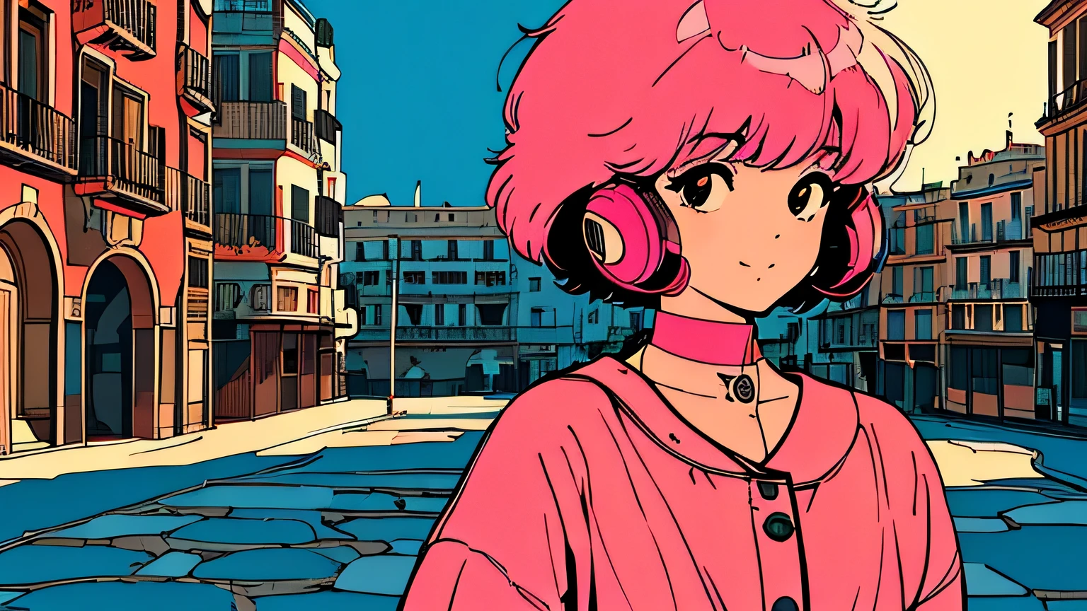 master piece, City Pop style, Pink Hair, fluffy bob cut, wearing headphones, shoulder length, alone, Futuristic, yet, lofi, retro, vintage, Ghost, light smile, (( wide shot)), (( The person is on the left )), (( looking away )), ((Walking around Spain's ancient capital)),((Cobblestone Street))
