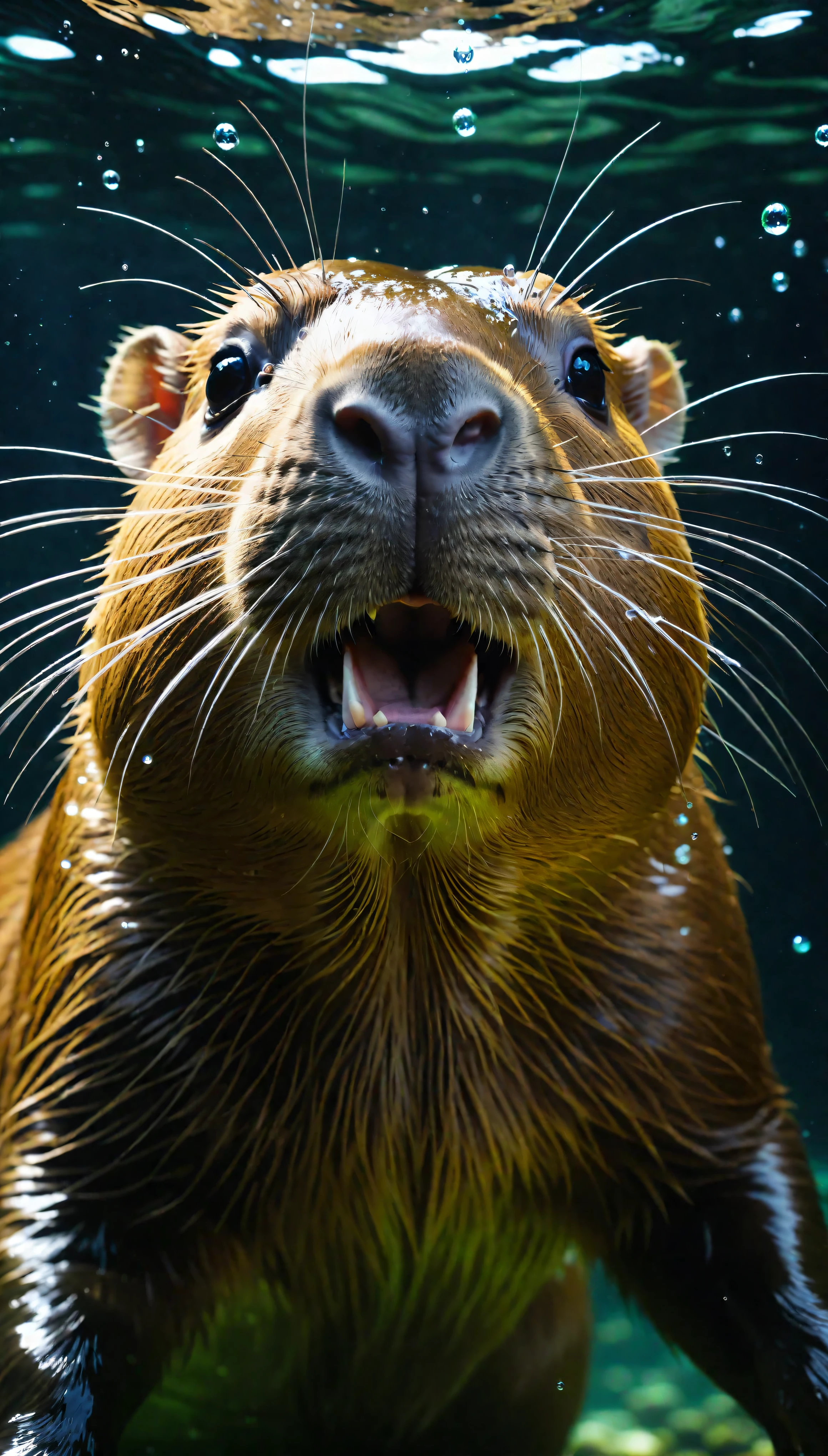 ((Masterpiece in maximum 16K resolution):1.6),((soft_color_photograpy:)1.5), ((Ultra-Detailed):1.4),((Movie-like still images and dynamic angles):1.3). | (Macro shot cinematic photo of exotic Capybara underwater), (a Capybara swimming underwater), (water bubbles), (macro lens), (exotic animal), (cute), (delightful atmosphere), (aesthetic photography style), (visual experience),(Realism), (Realistic),award-winning graphics, dark shot, film grain, extremely detailed, Digital Art, rtx, Unreal Engine, scene concept anti glare effect, All captured with sharp focus. | Rendered in ultra-high definition with UHD and retina quality, this masterpiece ensures anatomical correctness and textured skin with super detail. With a focus on high quality and accuracy, this award-winning portrayal captures every nuance in stunning 16k resolution, immersing viewers in its lifelike depiction. | ((perfect_composition, perfect_design, perfect_layout, perfect_detail, ultra_detailed)), ((enhance_all, fix_everything)), More Detail, Enhance.