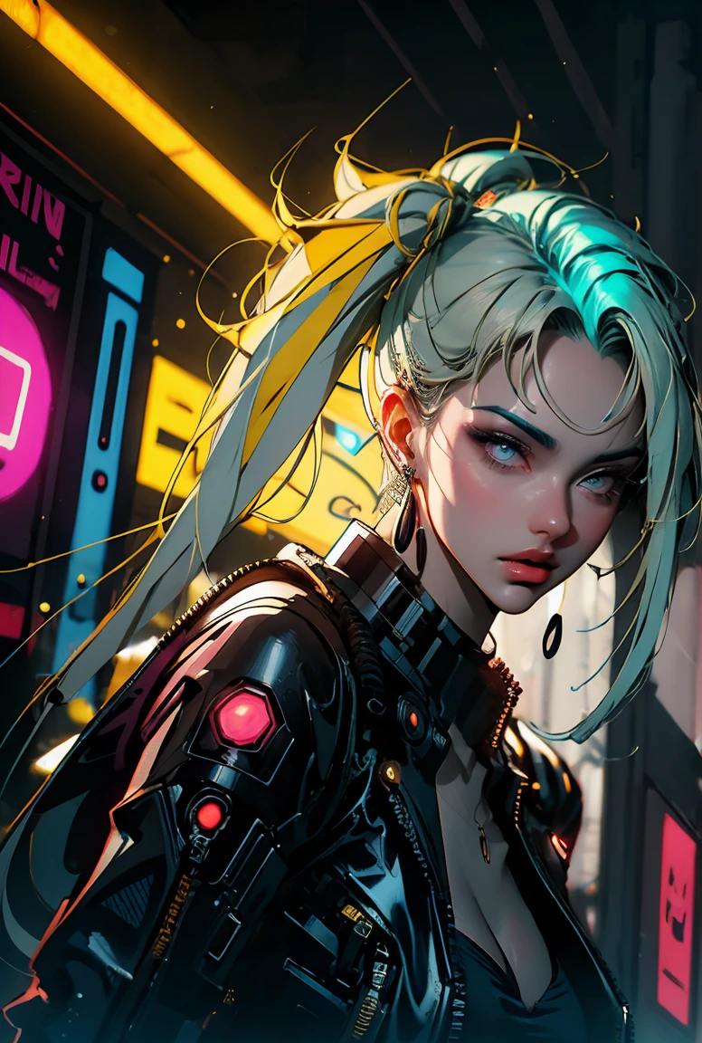 una pintura digital de una mujer con cabello azul real y amarillo, cyberpunk art by Josan Gonzalez, ganador del concurso de comportamiento, afrofuturism, onda sintetizada, neon, glowing neon, pecho enorme