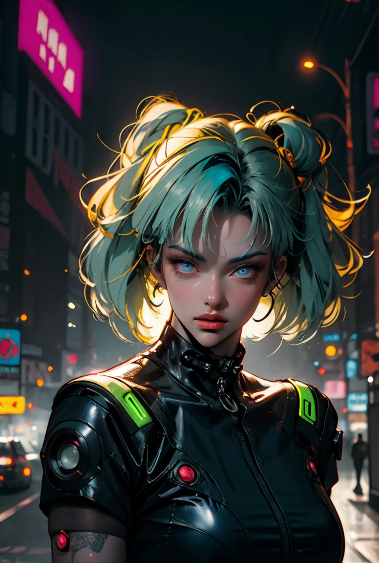 una pintura digital de una mujer con cabello azul real y amarillo, cyberpunk art by Josan Gonzalez, ganador del concurso de comportamiento, afrofuturism, onda sintetizada, neon, glowing neon, pecho enorme