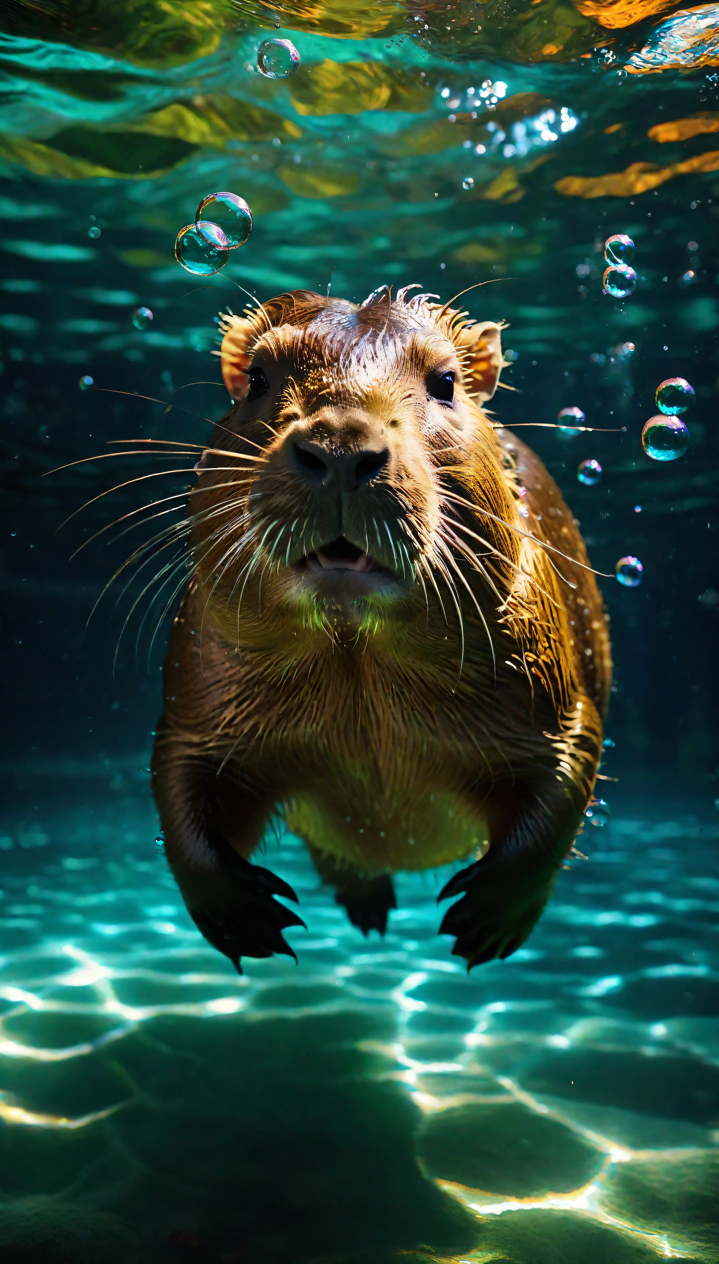 ((Masterpiece in maximum 16K resolution):1.6),((soft_color_photograpy:)1.5), ((Ultra-Detailed):1.4),((Movie-like still images and dynamic angles):1.3). | (Macro shot cinematic photo of exotic Capybara underwater), (a Capybara swimming underwater), (water bubbles), (macro lens), (exotic animal), (cute), (delightful atmosphere), (aesthetic photography style), (visual experience),(Realism), (Realistic),award-winning graphics, dark shot, film grain, extremely detailed, Digital Art, rtx, Unreal Engine, scene concept anti glare effect, All captured with sharp focus. | Rendered in ultra-high definition with UHD and retina quality, this masterpiece ensures anatomical correctness and textured skin with super detail. With a focus on high quality and accuracy, this award-winning portrayal captures every nuance in stunning 16k resolution, immersing viewers in its lifelike depiction. | ((perfect_composition, perfect_design, perfect_layout, perfect_detail, ultra_detailed)), ((enhance_all, fix_everything)), More Detail, Enhance.