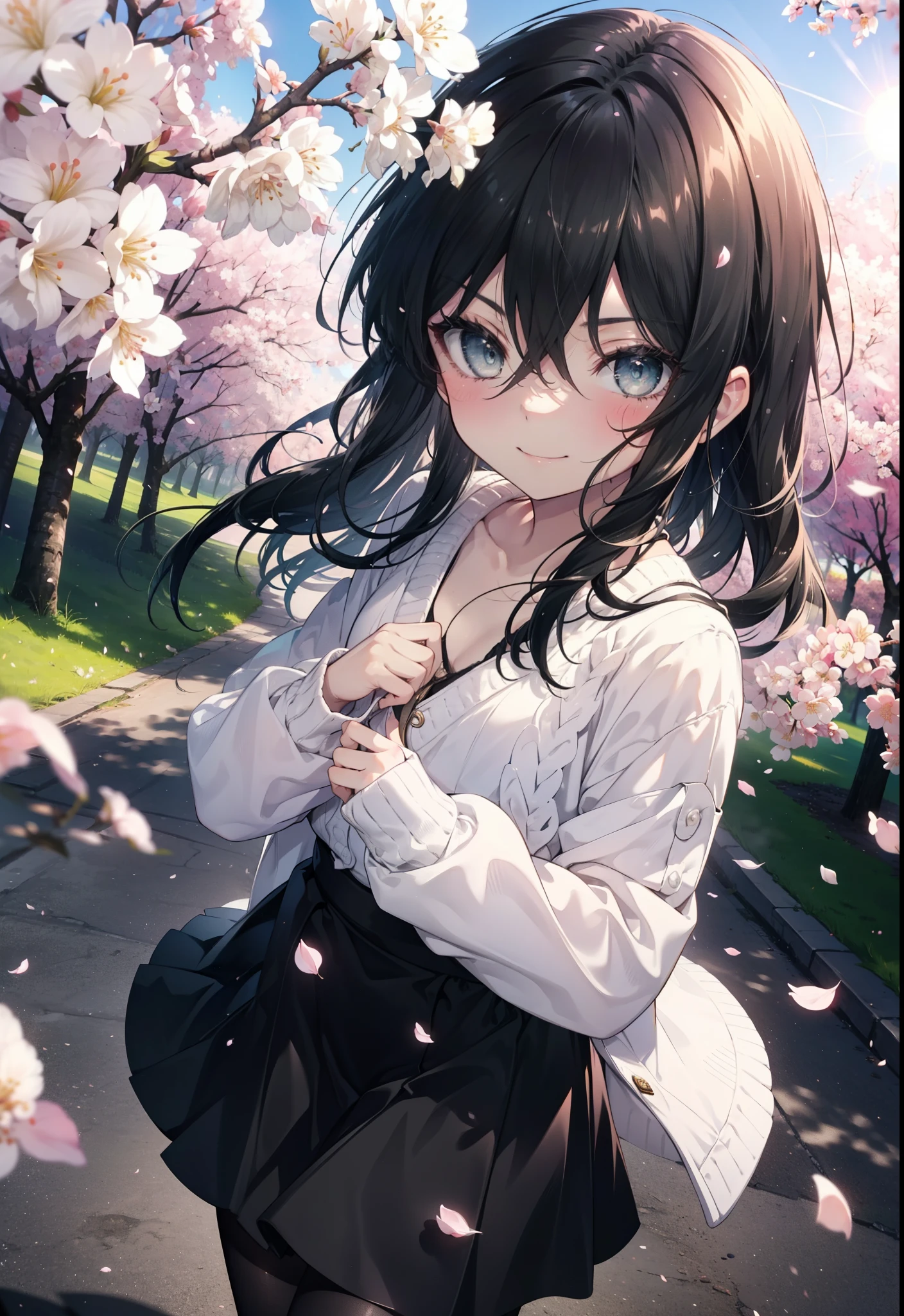 Shana,灼眼のShana,Long Hair,Black Hair, (black eye:1.5) (Flat Chest:1.2),smile,blush,Tokkuri Sweater,Long skirt,Black pantyhose,Mini Boots,Cherry blossom tree-lined path,Cherry blossoms are blooming,Cherry blossoms are scattered,morning,morning陽,The sun is rising,Looking down from above,
break looking at viewer, (Cowboy Shot:1. 5)
break outdoors, garden,
break (masterpiece:1.2), highest quality, High resolution, unity 8k wallpaper, (figure:0.8), (Detailed and beautiful eyes:1.6), Highly detailed face, Perfect lighting, Extremely detailed CG, (Perfect hands, Perfect Anatomy),