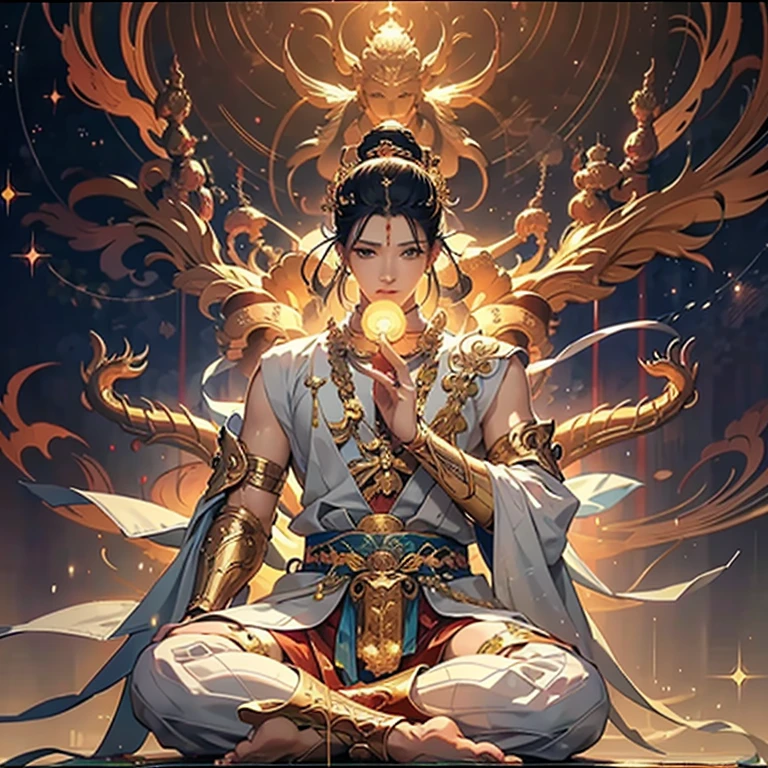 (Masterpiece, Top Quality, Best Quality, Official Art, Beautiful and Aesthetic: 4k), (One male figure), Cool and Serene, Fantasy, Japanese, God-like, Great Buddha, Sitting on a Lotus Flower, Thousands of Arms Extended, Striking Posture, Delicate and Powerful, Thousand-Armed Kannon, Detailed and Textured Skin, Shimmering Robes, Radiant Aura, 4K High-Definition Image, Accurately Detailed, Beautiful and Aesthetic, Masterpiece, Best Quality, Japanese Art, Mythological Figure, Epic, Dynamic, Bold Colors, Dr