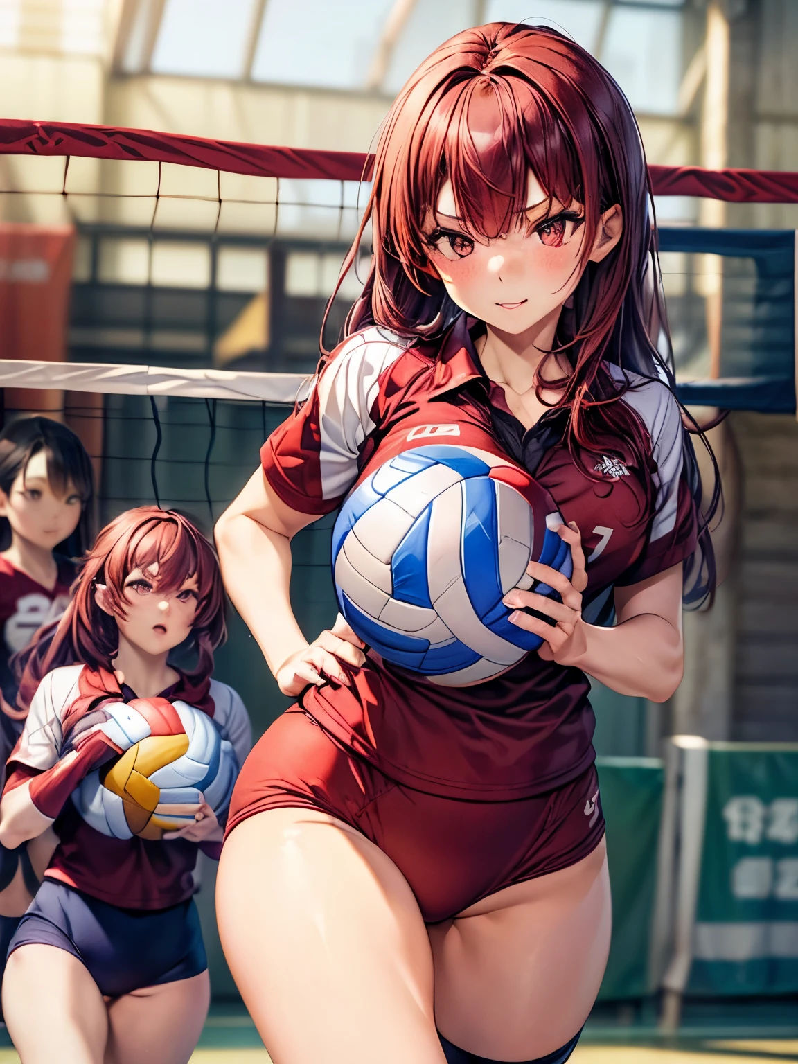 highest quality、Nice sexy body、One Woman、(solo)、((Beautiful busty woman:1.6))、(((Woman with dark red hair:1.3)))、Long hair woman、Female volleyball player、(((A woman wearing a volleyball uniform:1.3)))、Volleyball uniform shirt、Volleyball uniform bloomers