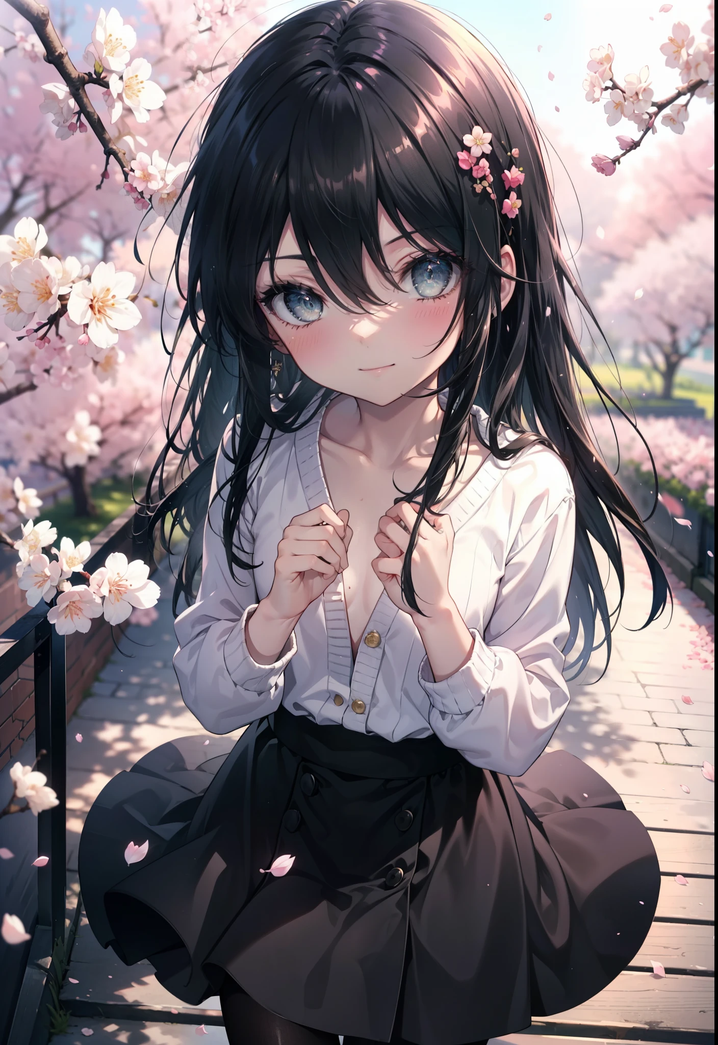 Shana,灼眼のShana,Long Hair,Black Hair, (black eye:1.5) (Flat Chest:1.2),smile,blush,Tokkuri Sweater,Long skirt,Black pantyhose,Mini Boots,Cherry blossom tree-lined path,Cherry blossoms are blooming,Cherry blossoms are scattered,morning,morning陽,The sun is rising,Looking down from above,
break looking at viewer, (Cowboy Shot:1. 5)
break outdoors, garden,
break (masterpiece:1.2), highest quality, High resolution, unity 8k wallpaper, (figure:0.8), (Detailed and beautiful eyes:1.6), Highly detailed face, Perfect lighting, Extremely detailed CG, (Perfect hands, Perfect Anatomy),