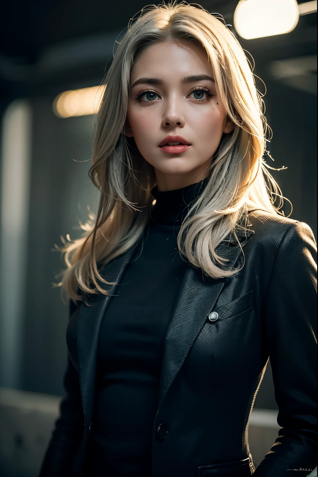 Best quality, masterpiece, ultra high res, (photorealistic:1.4), raw photo, 1girl, grey hair, green eyes,  detailed eyes and face, black suit, dynamic lighting, in the dark, deep shadow, low key, cowboy shot full-lenght body(BLOOD AND FACE) (GREY HAIR) 