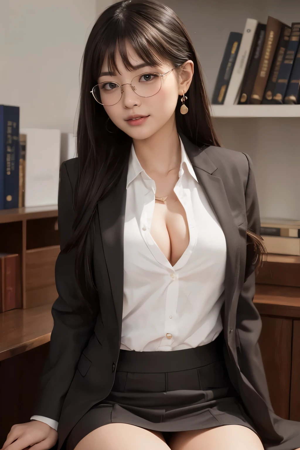 (clear, high-definition image), (job interview, Interviewer's perspective), frontal image of a woman wearing a miniskirt sitting on a chair and looking straight at interviewer, seduce by slightly showing her panties, unbuttoned shirt, spread legs a bit, angle from front below, book shelf, window, suit jacket, tiny earrings, (stylish glasses), braid,