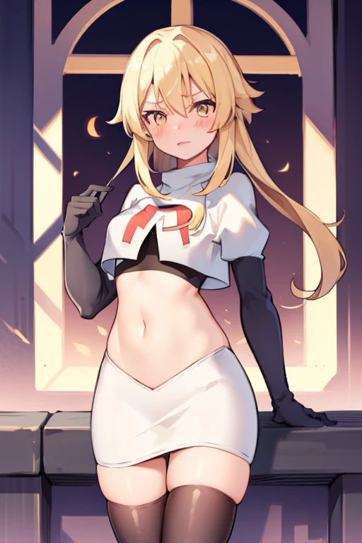 lumine \(genshin impact\), 1girl,flower,Blond hair,cute,hot,blushed,golden eyes,perfect eyes,expressive eyes, team rocket,team rocket uniform,white skirt,red letter R,crop top,black thigh-highs,black elbow gloves
