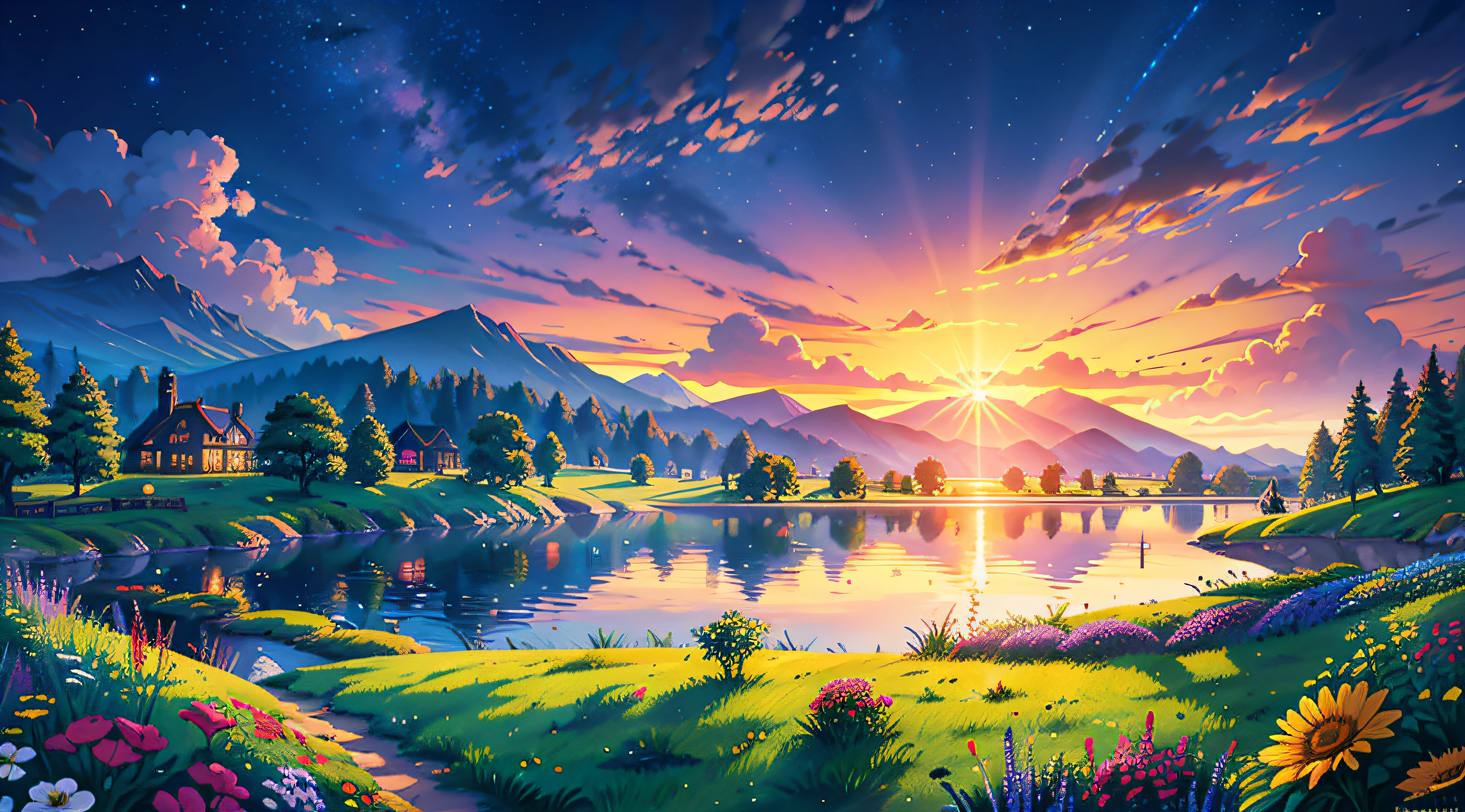 Desenvolva um design charmoso inspirado no universo de Stardew Valley, focusing on several purple stars. These stars must have a unique and captivating appearance, representing the magical and enchanting atmosphere of the game. The lines and style of the drawing should resemble the charming pixelated look of Stardew Valley, ensuring the design is true to the game&#39;s aesthetic,remember that the goal is to create a magical and attractive illustration that conveys the cozy and wonderful atmosphere of Stardew Valley, destacando as estrelas roxas como elementos centrais do design, (rim lighting), Tons quentes, sun reflection, sombras suaves, cores vibrantes, pictorial effect, dreamy atmosphere BREAK panoramic lake, Montanhas distantes, Salgueiro, calm waters, reflection, nuvens iluminadas pelo sol, ambiente tranquilo, idyllic sunset, ultra detalhado, Arte Oficial, Papel de parede de unidade 8k, emaranhado, mandala