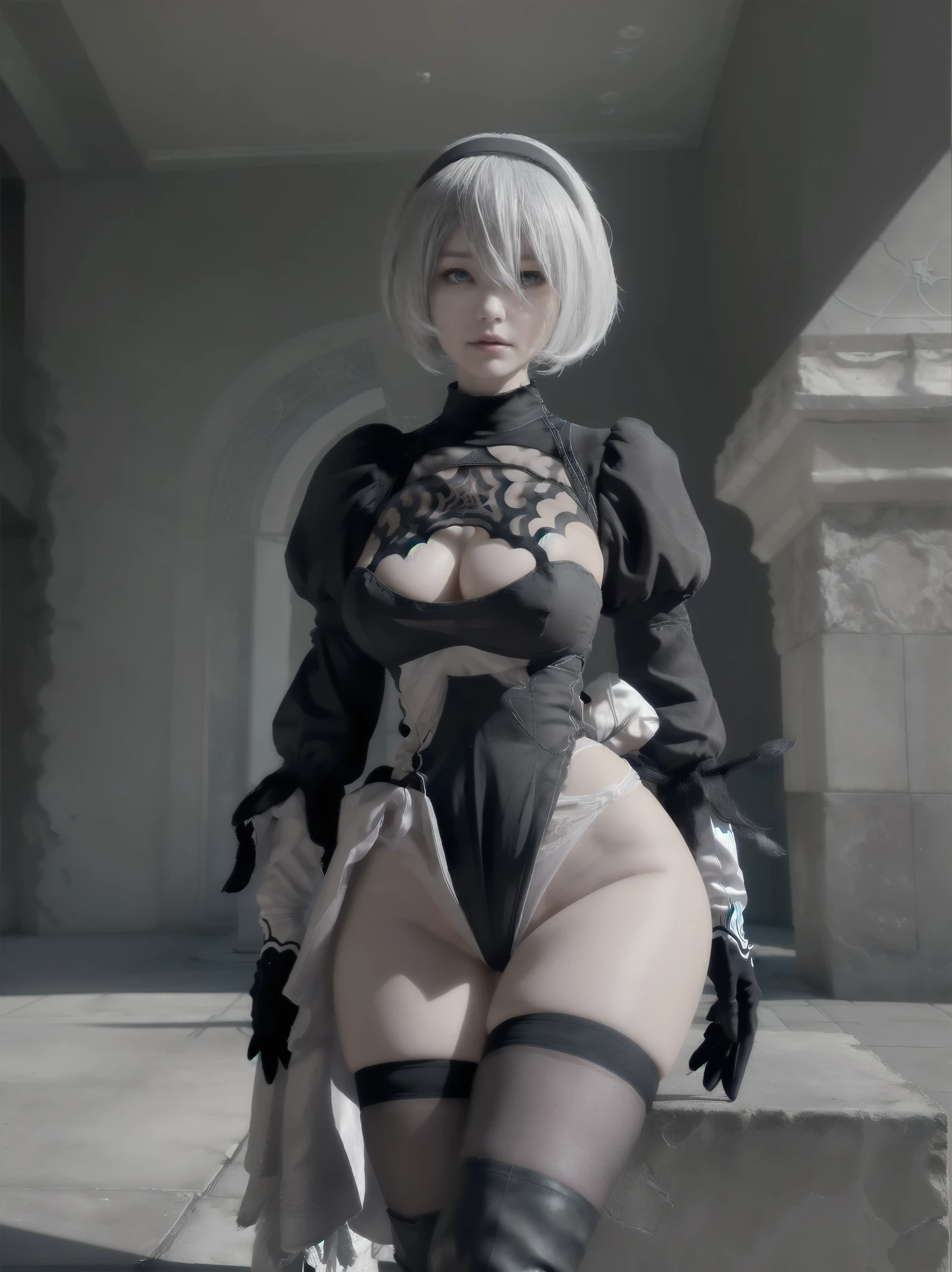 nier:Beautiful cosplay of 2B from Automata、2B、A woman cosplaying as 2B、White skin、tall、Great style、Big Breasts、Small face、High nose、Sharp Eye、Beautiful Face、Beautiful face、30 years old、British women、Half British、nier:2B&#39;s black costume from Automata、Light background、Blur the background、Fantasyな都市を背景に、Standing in a cool pose、Shooting from a diagonal angle、masterpiece、highest quality、high resolution、Cosplayer Photos、Professional Photos、Fantasy、Glaring at the camera、Cosplay makeup style、Real Cosplay Photo、Cool and beautiful photos、Portrait、Wrapped in a pale white glow、like、happiness、Kindness