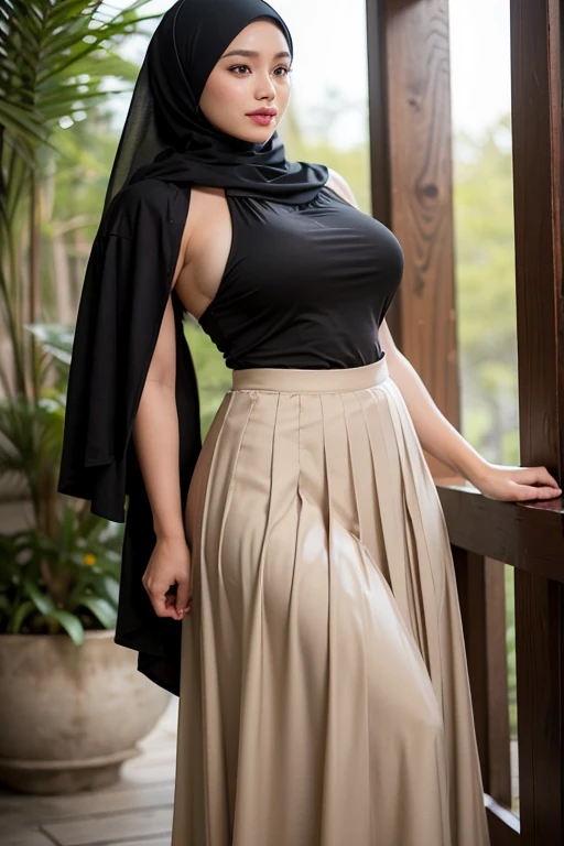 RAW, Best quality, high resolution, masterpiece: 1.3), beautiful Malay woman in hijab (iu:0.8), perfect nose, perfect lips, beautiful face, perfect eyes, detail :1.2),((big breasts)), masterpiece, quality best, very detailed,perfect body, woman in black skirt and beige blouse, long skirt, simple dress, hijab, beautiful look, simple flowing dress, pleated skirt, simple style, long dress woman, wearing a long eloquent skirt, full body image, wearing a long cloth flowing, black skirt, (sweet smile:1.1), (glossy lips:1.1), (beautiful eyes:1.1), background of the old building in the forest, covered in mouth, (close up)