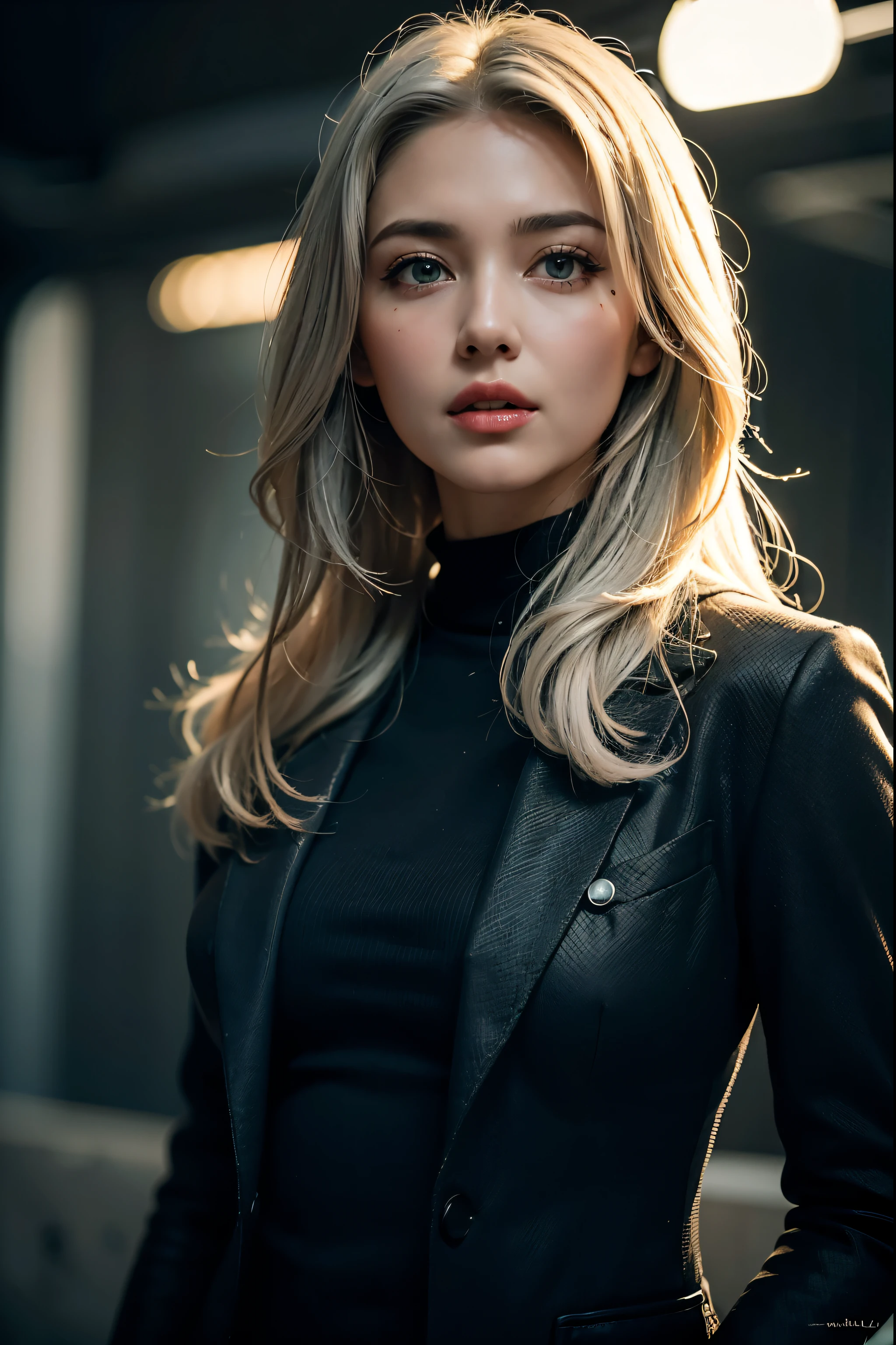 Best quality, masterpiece, ultra high res, (photorealistic:1.4), raw photo, 1girl, grey hair, green eyes, detailed eyes and face, black suit, dynamic lighting, in the dark, deep shadow, low key, cowboy shot full-lenght body(BLOOD AND FACE) (GREY HAIR)