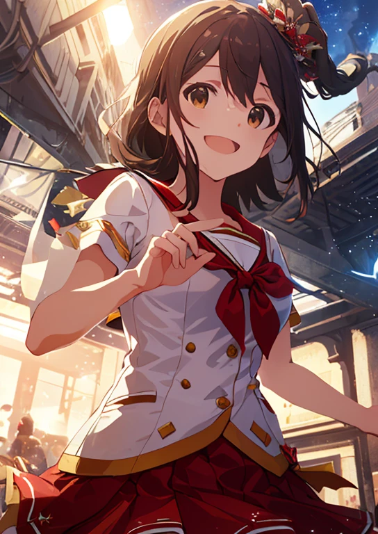 (Idol Master), (highest quality, 8k, masterpiece, Very detailed:1.4), (Lens flare, Particles of light, Shine), Big Breasts, smile, Open your mouth, masterpiece, highest quality, Very detailed, High resolution, Very detailedなCG, masterpiece, Official Art, From below, Perfect body, Checked Skirt, Red Skirt, Sailor suit, School