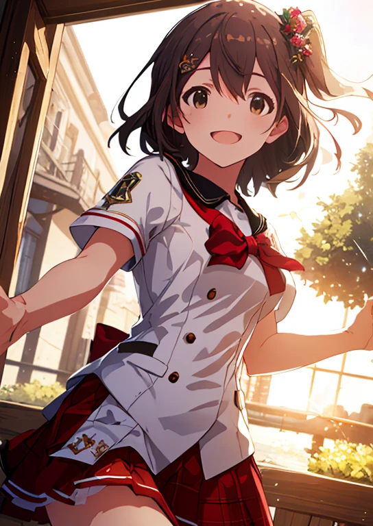  (Idol Master), (highest quality, 8k, masterpiece, Very detailed:1.4), (Lens flare, Particles of light, Shine), Big Breasts, smile, Open your mouth, masterpiece, highest quality, Very detailed, High resolution, Very detailedなCG, masterpiece, Official Art, From below,  Perfect body, Checked Skirt, Red Skirt, Sailor suit, School