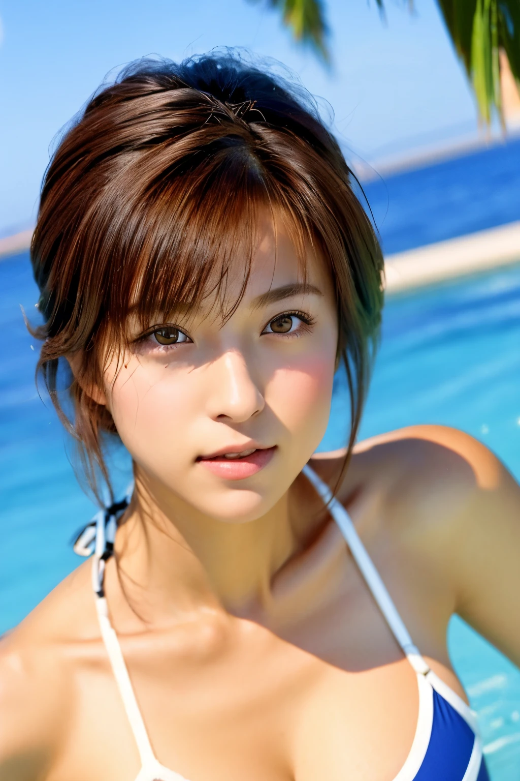 (masterpiece, highest quality:1.2),1 girl,Brown Hair,Swimwear, 笑face, alone, Upper Body,ＫＮ_face、