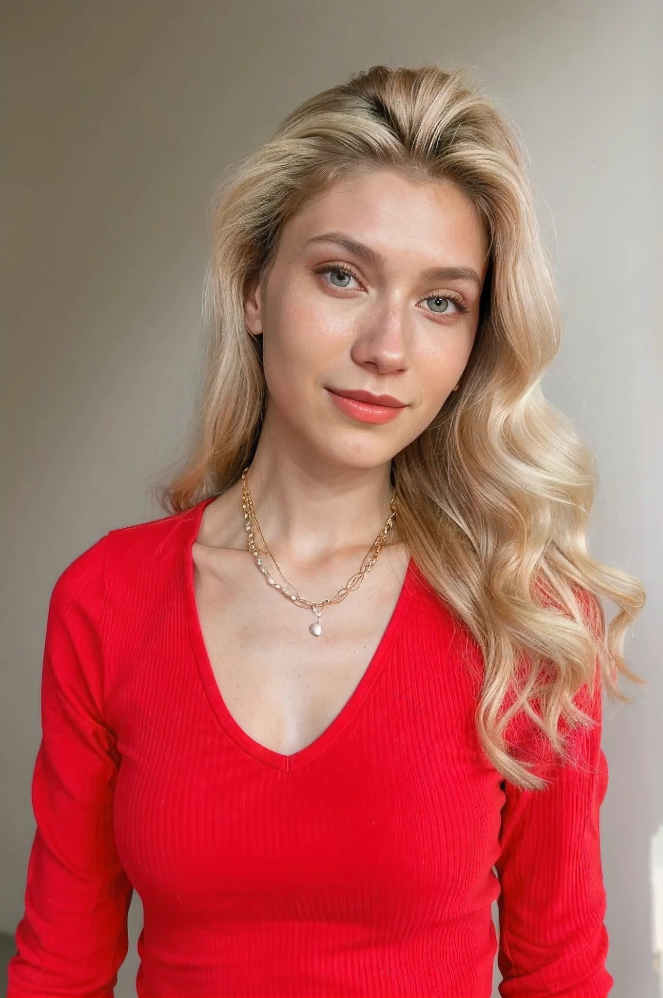 femme blonde en haut rouge posant pour une photo devant un mur blanc, Elena Belova, Victoria Gavrilenko, aux longs cheveux blonds, colliers d'or et de perles, Alina Ivantchenko, Irina Nordsol Kuzmina, Angelina Stroganova, inspired by Louisa Matthíasdóttir, Alexandre Waliszewska, huge chest, Huge neckline, visible nipples, slight smile