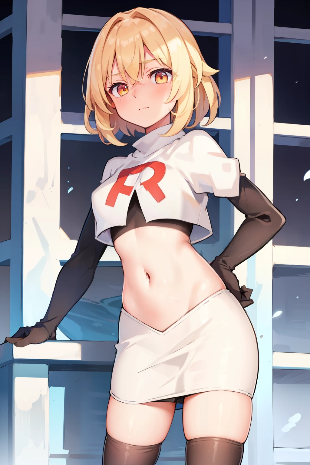 lumine \(genshin impact\), 1girl,flower,Blond hair,cute,hot,blushed,golden eyes,perfect eyes,expressive eyes, team rocket,team rocket uniform,white skirt,red letter R,crop top,black thigh-highs,black elbow gloves