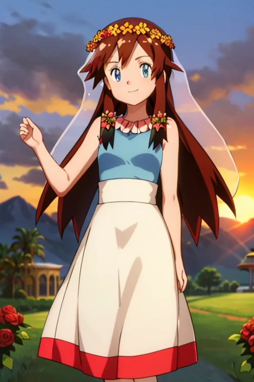 masterpiece, best quality, high resolution, absurdres, Melody_Pokemon, blue eyes, beautiful details eyes, long hair, brown hair, white dress, blue tank top, bridal veil, flowers, head wreath, solo, smiling, looking at viewer, standing up, cowboy shot, garden, sunset skies, rose bushes, gazebo