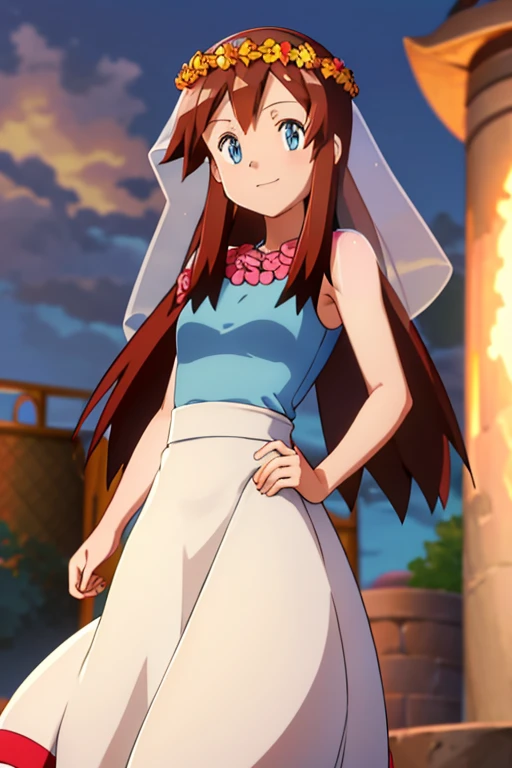 masterpiece, best quality, high resolution, absurdres, Melody_Pokemon, blue eyes, beautiful details eyes, long hair, brown hair, white dress, blue tank top, bridal veil, flowers, head wreath, solo, smiling, looking at viewer, standing up, cowboy shot, garden, sunset skies, rose bushes, gazebo