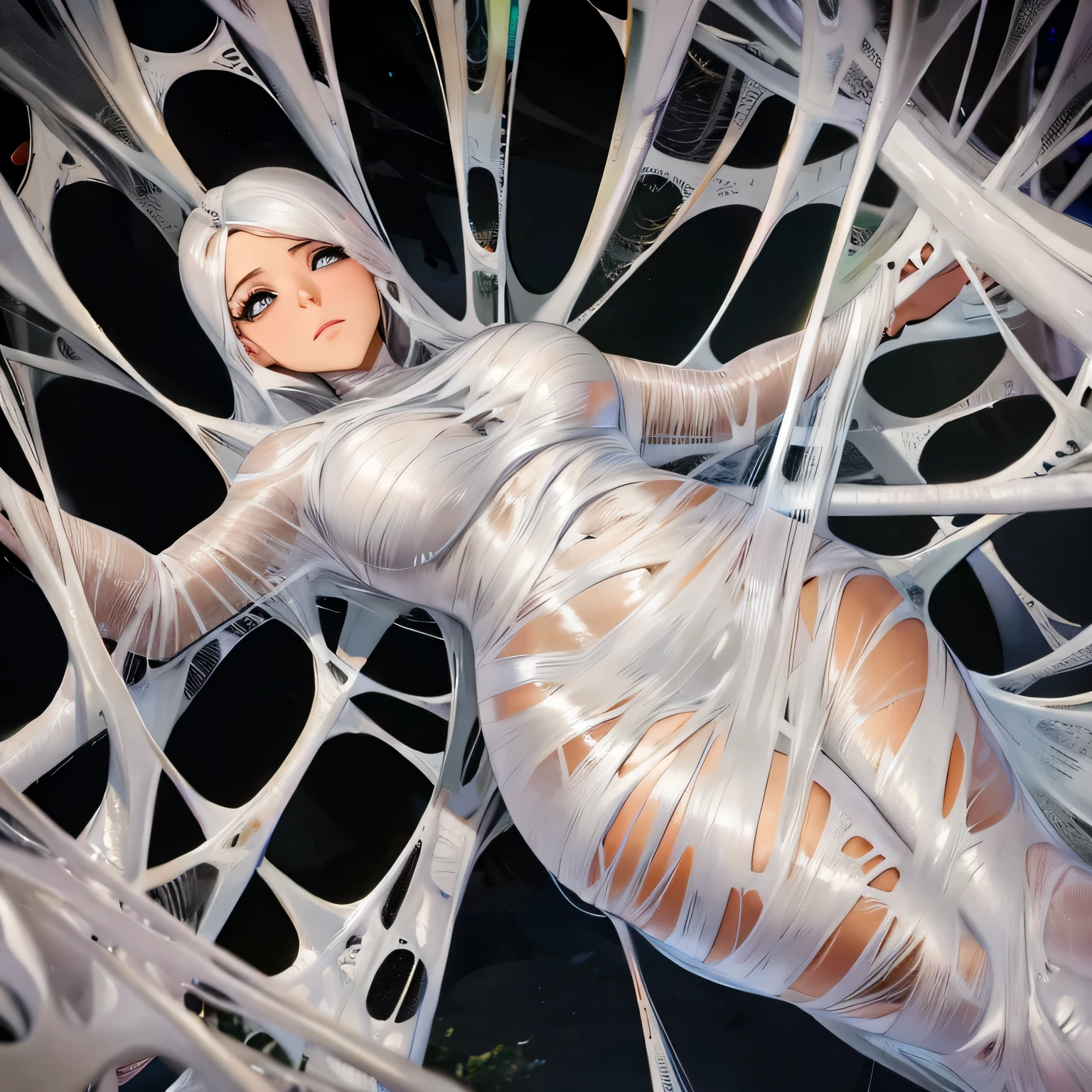 a woman trapped in the spider web, spider web, cocoon, gr3ysh33r,