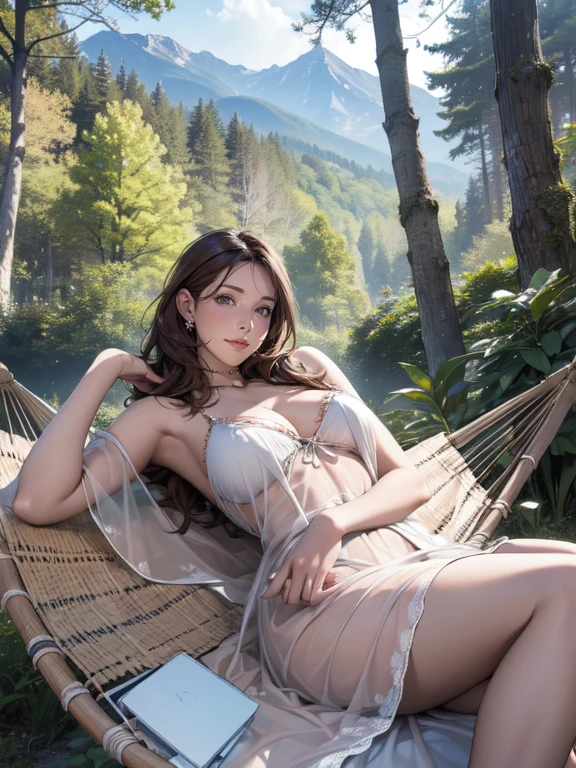 (best quality,highres,masterpiece:1.2),ultra-detailed,realistic,natural lighting,a girl sleeping on a hammock in a forest,wearing a nightgown,(adventurous woman),mountains,trees,a tent,set up for a picnic,adventure